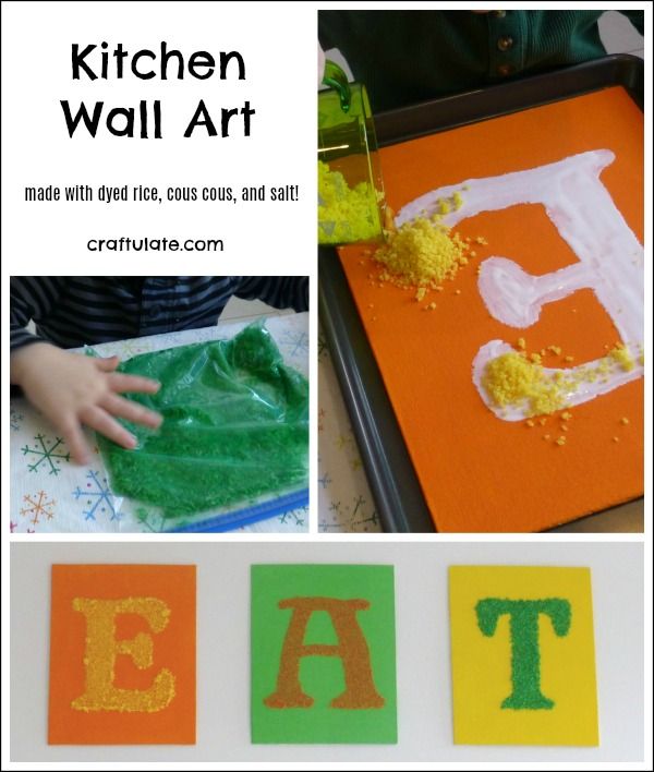 Kitchen Wall Art that kids can help make! Uses dyed salt, couscous and rice on canvas panels.