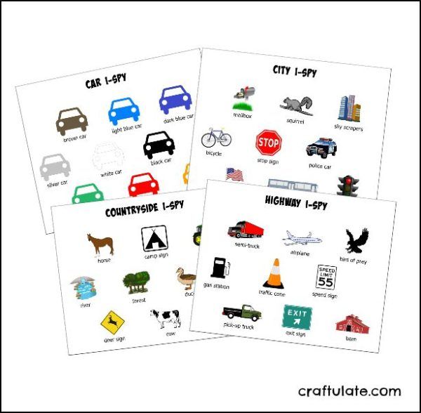 Road Trip I-Spy for Preschoolers - four different printable worksheets