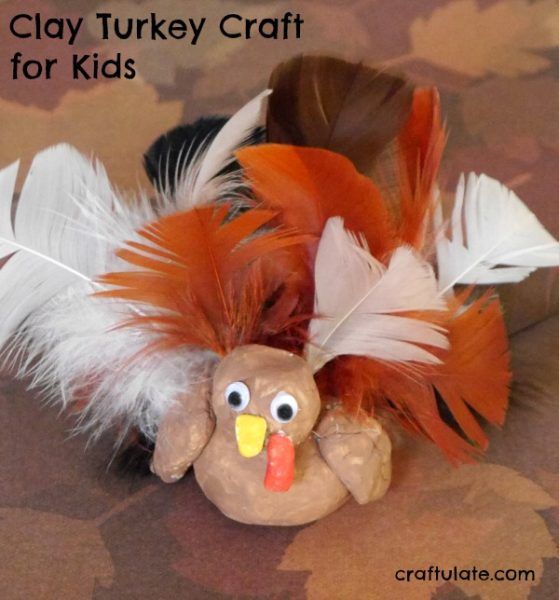 Clay Turkey Craft for Kids - use air dry clay, feathers and paint to make this cute turkey!