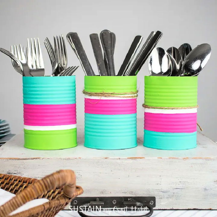 DIY Utensil Holder With Tin Cans